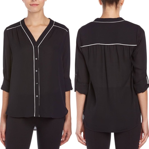 Vince Tops - Vince 100% Silk Black White Contrast Piping Essential Career Blouse